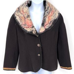 Handmade Black Wool Shawl Collar Artisan Felted Wool Embellished Wearable Art L